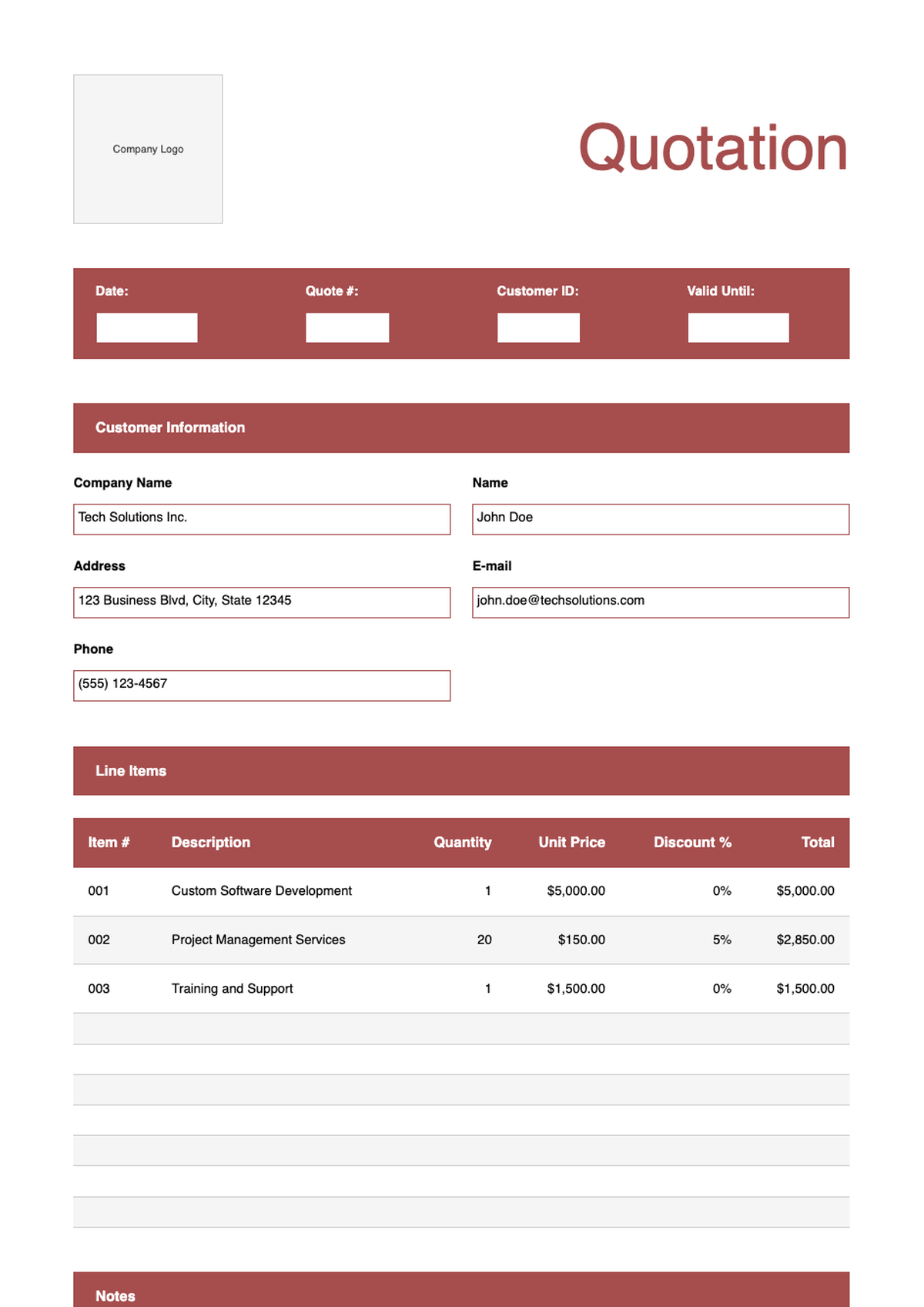Professional quotation template with red accents and itemized table_variant_2